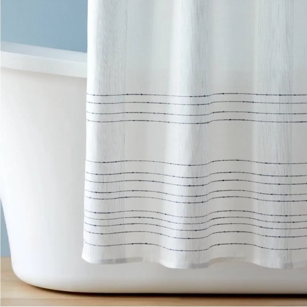 HEARTH & HAND NWT pinstripe border textured shower curtain -blue‎